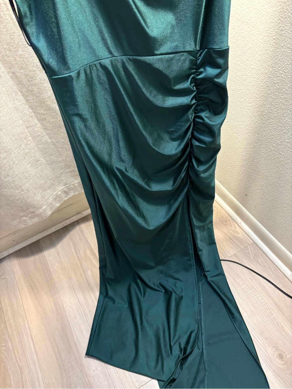 Emerald Green Satin Ruched Evening Gown